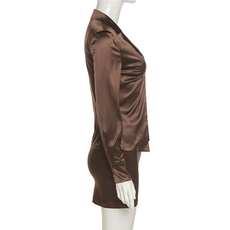 

AIIOU Solid Casual Office Two Piece Set Women Skirt Elegant Chain Link Sexy Long Sleeve Top+Elastic Waist Straight Dress Outfit