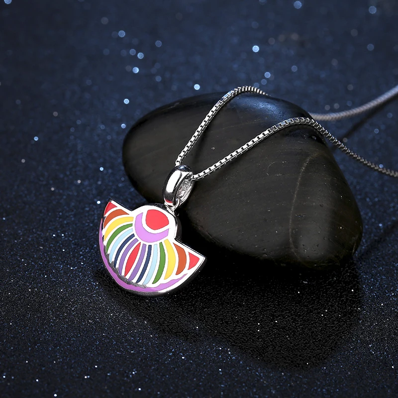 Beautiful Mood Necklace Fan Shape Rainbow 2021 Fashion Jewelry for Women 925 Sterling Silver Charms Party Colorful Enamel | Украшения и