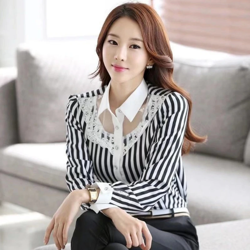 

Lace Blouse Women Elegant Long Sleeve 2021 Fashion Casual Striped Turn-Down Collar Blouses Female Formal Shirt Spring Autumn 6XL