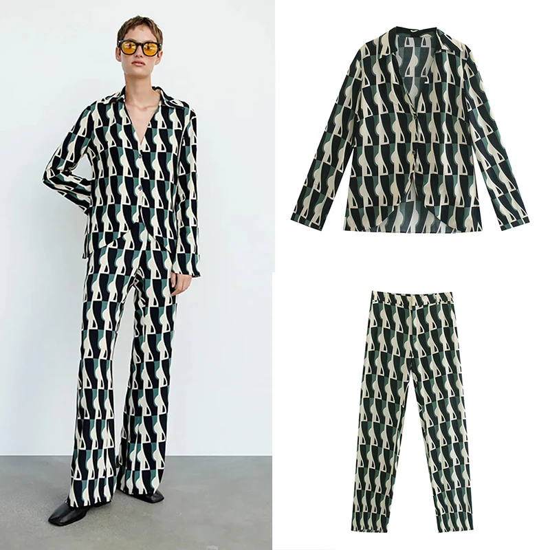 

Новая женская осенняя драпированная блузка Uniera 2021 Za с европейским и американским принтом + модные и универсальные расклешенные брюки