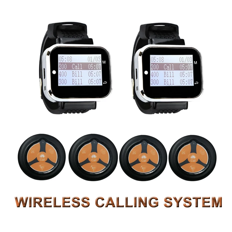 Wireless Calling Paging System 2 Wristwatch Receiver + 4 Super Thin 4 Keys Buttons Transmitter For Cafe Restaurant
