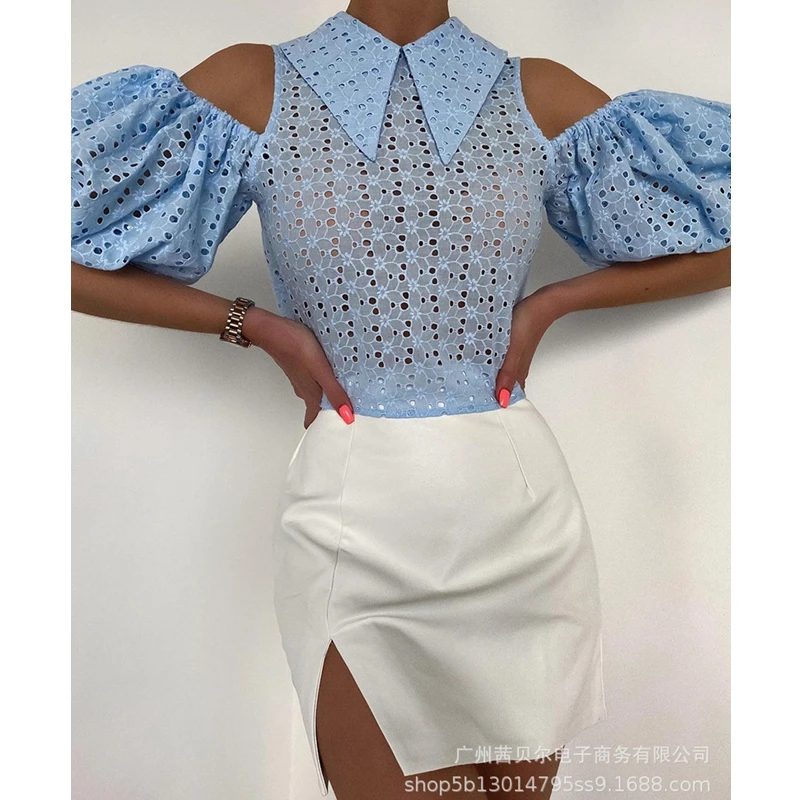 

WEPBEL Sexy Hollow Out T-shirt Women's Casual Solid Lace Off Shoulder T-shirt Summer Puff Sleeve Turn-Down Collar T-shirt