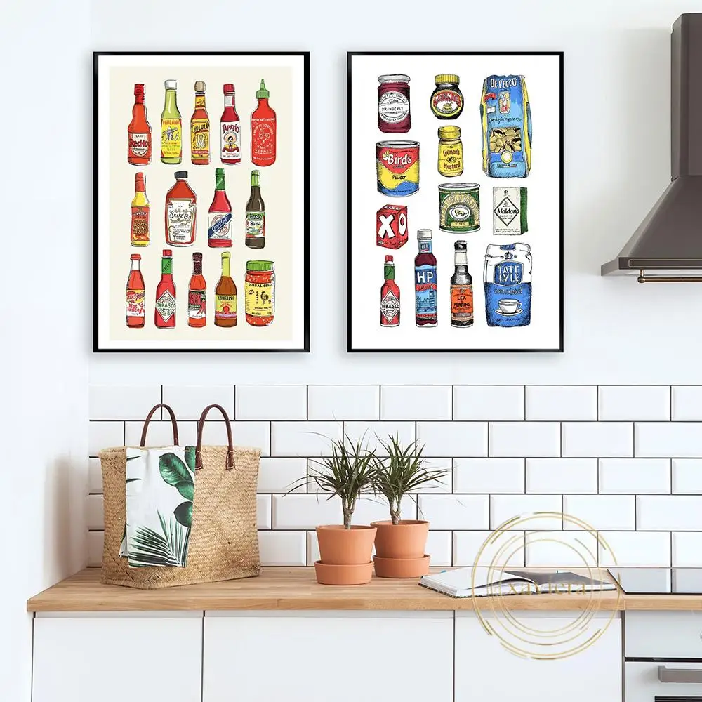 

Food Condiments Hot Sauce Cartoon Pictures Nordic Modern Vintage Canvas Painting Kitchen Wall Art Poster Home Decor Restaurant
