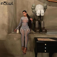 fqlwl autumn striped sexy 2 two piece sets womens club outfits long sleeve o neck tops skinny pants suits female matching sets