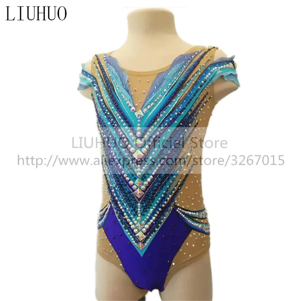 

LIUHUO Women's Girls' Performance Rhythmic Gymnastics Competition Leotard Artistic Costume Ice Skating Dress Blue Sleeveless