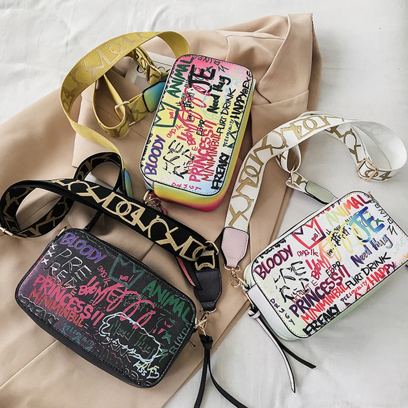 

Fashion Color Graffiti Crossbody Bags for Women Cute Square Purses Luxury Letter Printed Designer Shoulder Messenger Bag Ladies