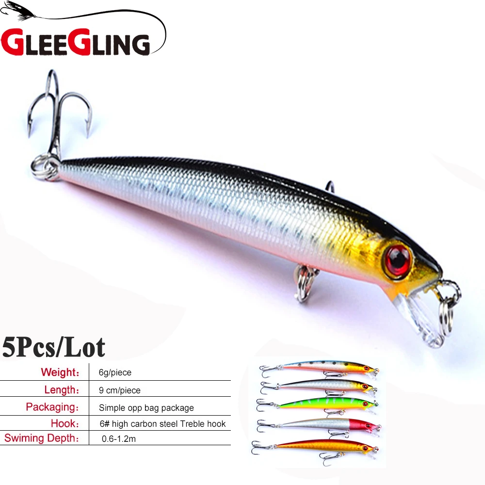 GLEEGLING 5Pcs Minnow Fishing Lure 90mm 6g 3D Eyes Crankbait Wobblers Artificial Plastic Swiming Dive 0.6-1.2m Tackle | Спорт и