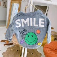 fashion girls full sleeve single breasted packet letter cartoon smiley denim coat jacket toddler kids baby girl clothes 0 6y