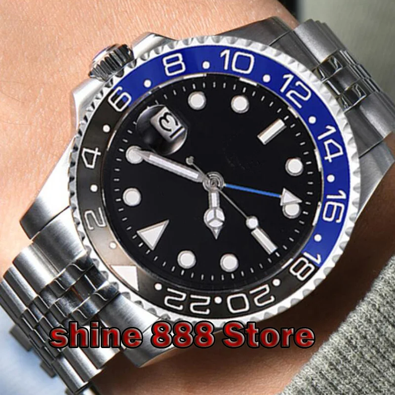 

40mm PARNIS black sterile dial Men Wristwatch ceramic bezel Jubilee Mechanical Watches Sapphire Blue GMT automatic mens watch