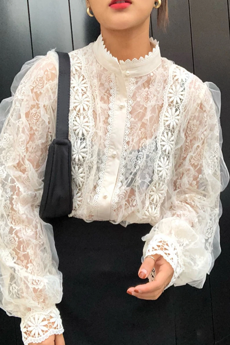Винтаж перспектива со стоячим воротником Блузы с кружевной строчкой жемчуг