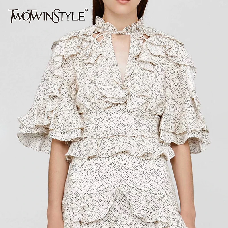 TWOTWINSTYLE, женская блузка с оборками, круглым вырезом, полурукавом и открытой спиной, женская блузка, осень, модная новинка