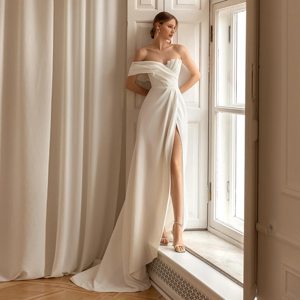 

Элегантное пляжное женское платье с высоким разрезом, белое свадебное платье на одно плечо с длинным шлейфом, модель 2022