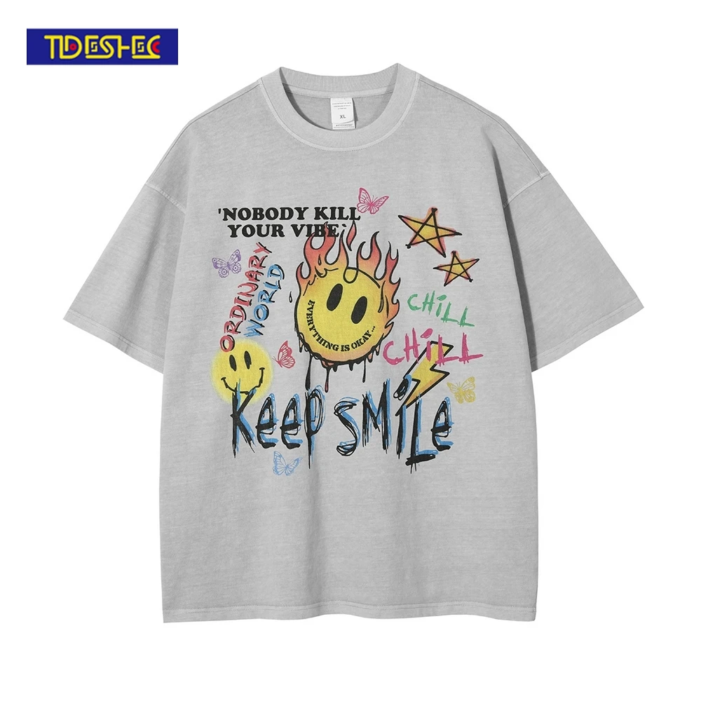 

Washed Graffiti Smiley Face Print T-shirt Cartoon Funny T-shirt Casual Cotton Oversized Short Sleeve 2022 New Tee Top Streetwear