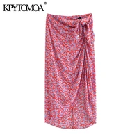kpytomoa women 2021 fashion with knot floral print front vents midi skirt vintage high waist back zipper female skirts mujer