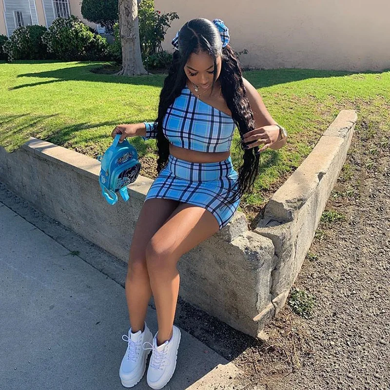 Женский комплект из 2 предметов ярко розовый пикантный клетчатый с юбкой