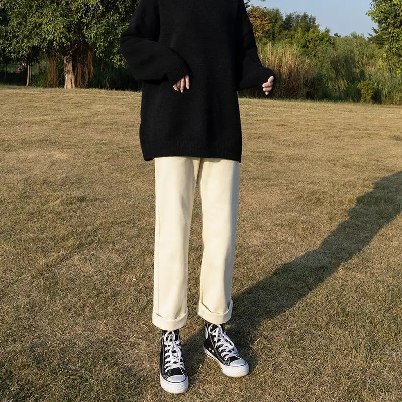 

Woman Jeans Pants Beige High Waist Loose Straight Autumn Winter Apricot Pants