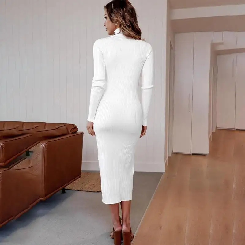 

ZITY Elegant Ribbed Knit Slim Long Dress Women Autumn Winter Elastic Turtleneck Long Sleeve Dress Lady Bodycon Robe Dresses Vest