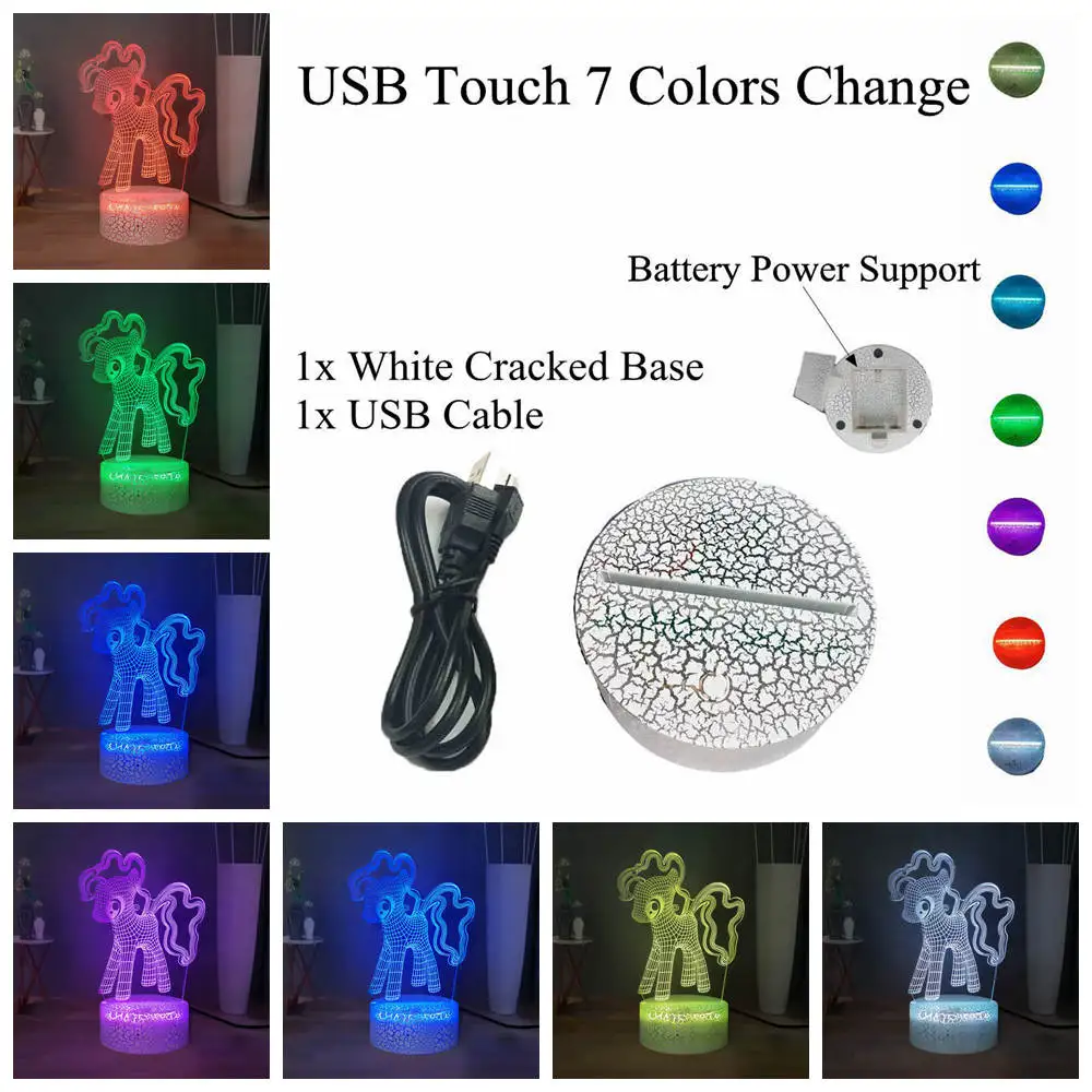 W-USB Touch 7 colors 3D оптическая настольная лампа My Little Pony с изображением героев мультфильмов, земляных пони, PinkiePie, светодиодный ночной Светильник для сна, милая улыбка, подарок на день рождения для детей - Испускаемый цвет: W-USB Touch 7 colors