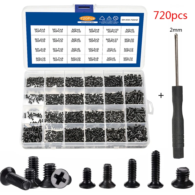 720pcs countersunk flat head phillips mini screw set m1.4 m1.7 m2 m2.5 m3 carbon steel computer notebook laptop screws kit