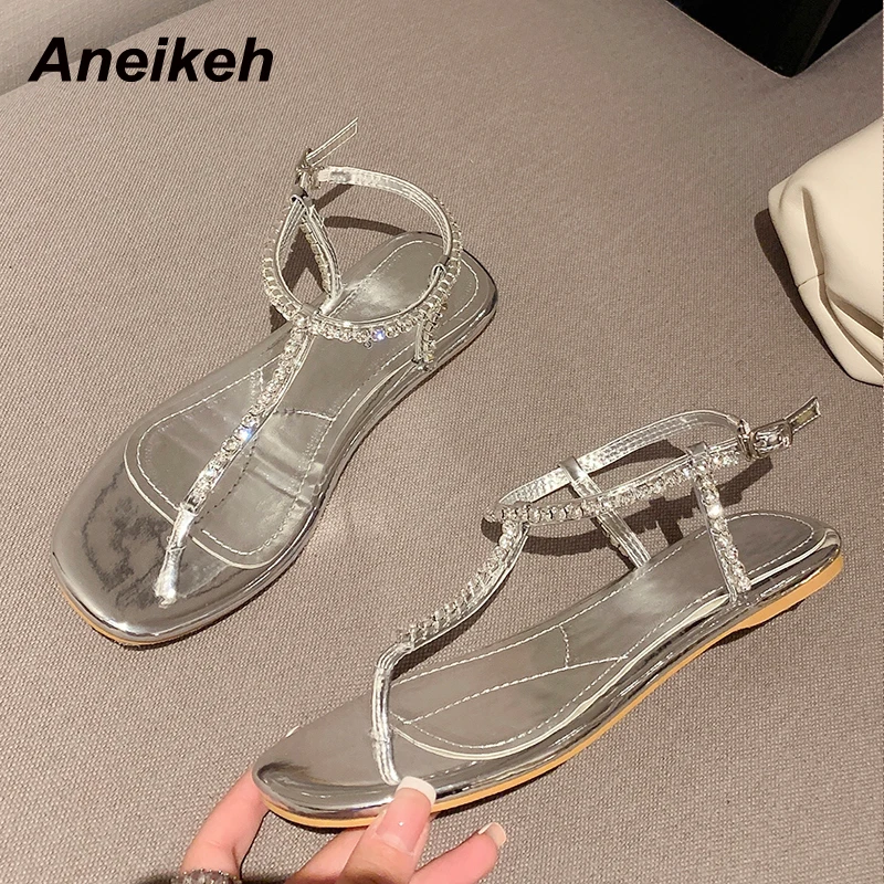 

Aneikeh 2021NEW Summer Women's Shoes Casual Flat With Crystal Metal Decoratio Thong Buckle Strap Round Toe Sandalias Mujer Solid