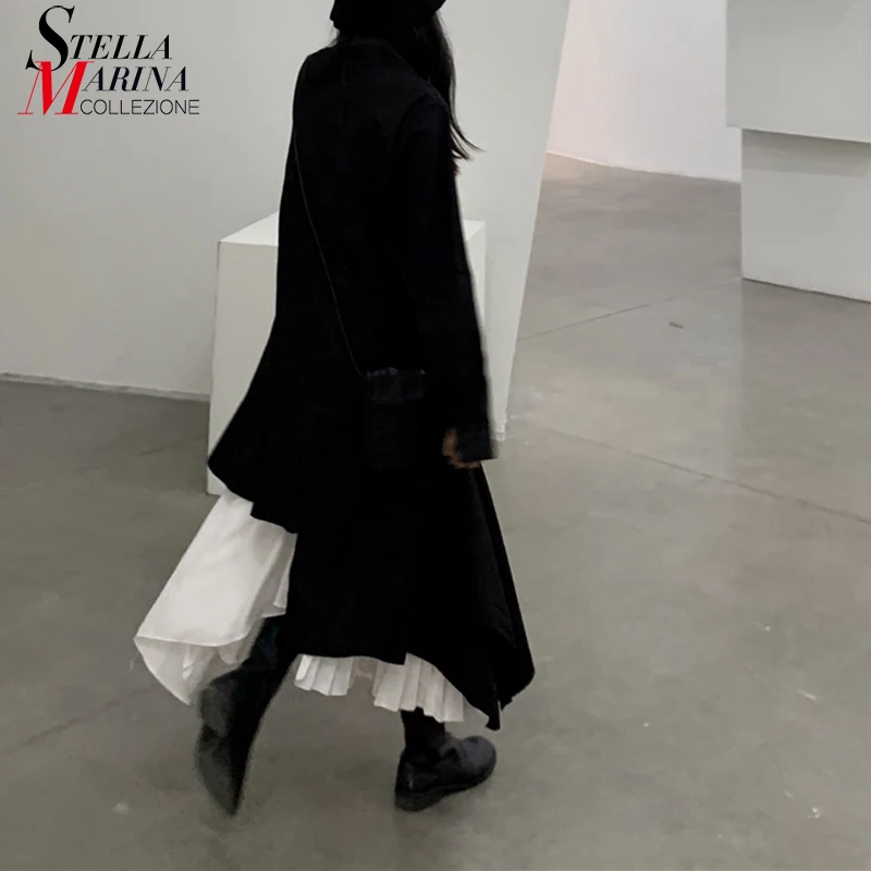 Новинка 2019 корейский стиль женское черное платье с длинным рукавом комплект и