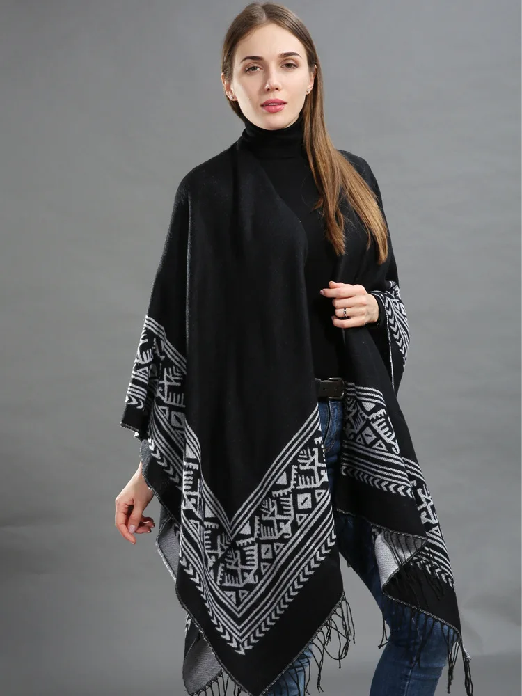 Зимнее модное женское Вязаное пончо оверсайз толстые свитера с бахромой