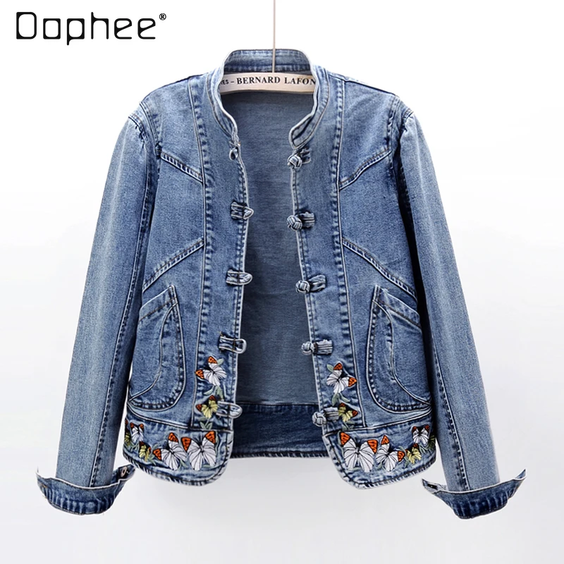 

Женская джинсовая куртка, Укороченный кардиган в китайском стиле с вышивкой, жакет в стиле ретро, весна-осень 2021