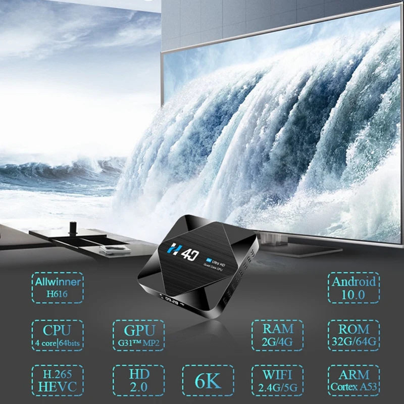 

H40 Smart TV Box Android 10.0 4GB RAM 64GB ROM 2.4G 5G WiFi Bluetooth 4K HD STB Youtube,US Plug
