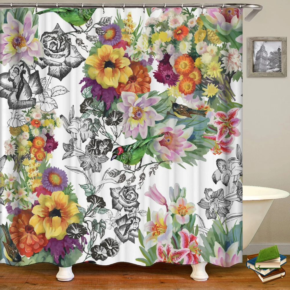 

Flowers Birds Plant Shower Curtains Bath Curtains Frabic Waterproof Polyester Bathroom With Hooks Decoration Shower Curtain