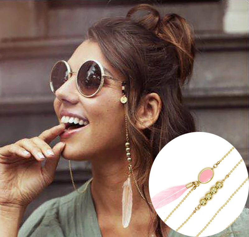 

Bohemia Pink Feather Glasses Chain Round Beads Lanyard Hold Straps Cords Sunglasses Chain Fashion Women Sunglasses Accessories