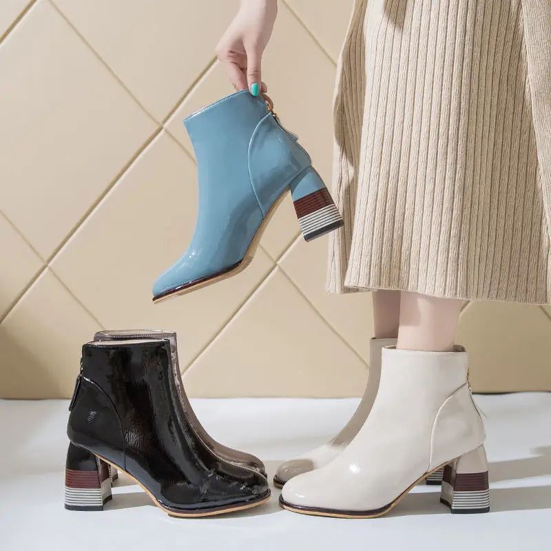 

Мягкие лакированные кожаные короткие сапоги, женские ботильоны на высоком каблуке, Женская Осенняя обувь 2021, женская обувь на блочном каблу...
