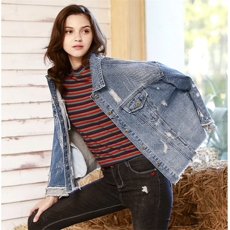 Женская джинсовая куртка в стиле Харадзюку с длинным рукавом и принтом весна