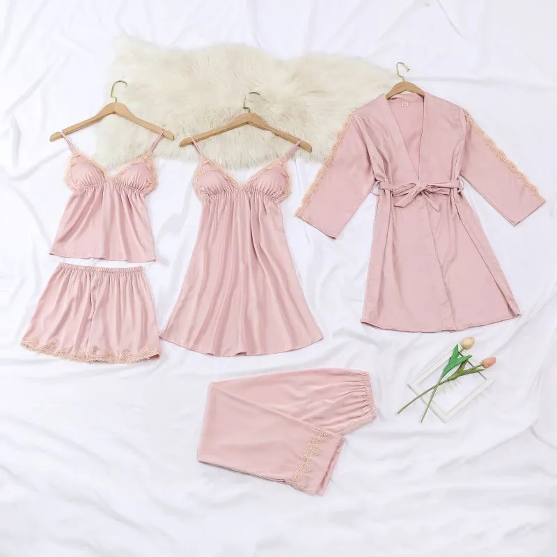 

Summer Autumn Sexy 5PC Silk Robe Sleep Suit Womens Lace Satin Pajamas Gown Set V-Neck Cami Nighties Pijama Home Nightwear
