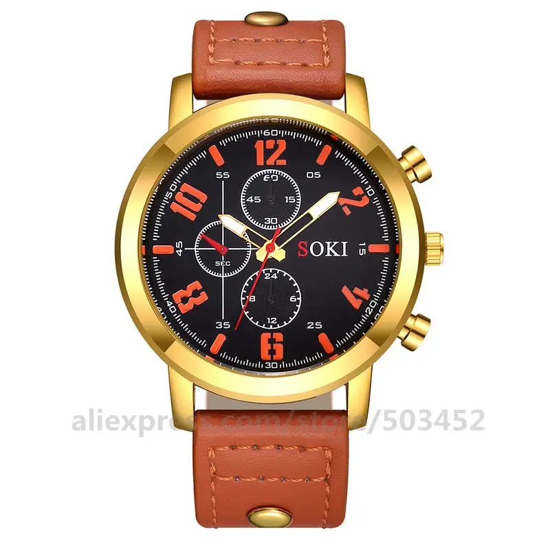 brown gold black 100 шт/партия S1037 мужские 3 глаза дизайн PU ремень часы простые повседневные часы Горячие Дешевые Наручные Часы бойфренда завод ценные часы - Цвет: brown gold black