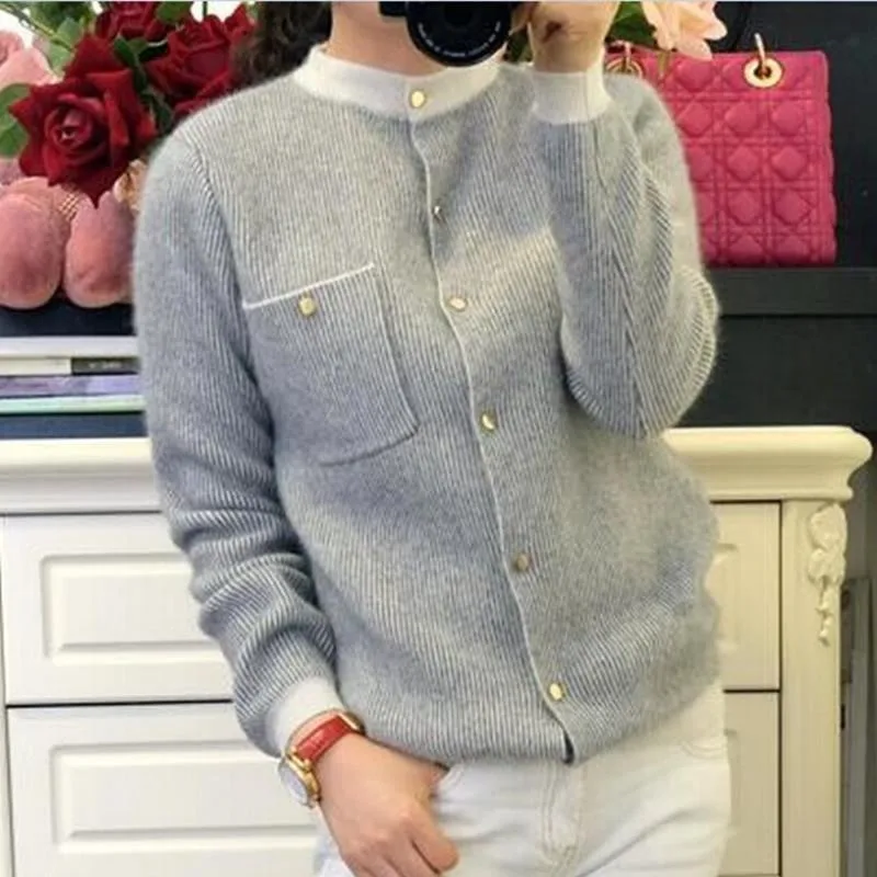 

OLOME 2021 spring new women striped cashmere cardigan Korean mlb O-neck wool knitted sweater loose coat thickened short