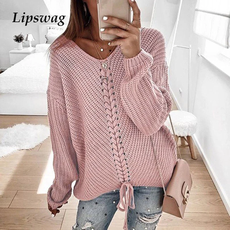 Lipswag 3XL повседневные свободные вязаные свитера на шнуровке женские осенне-зимние свитера с длинным рукавом и v-образным вырезом Топы однотонный пуловер Femme