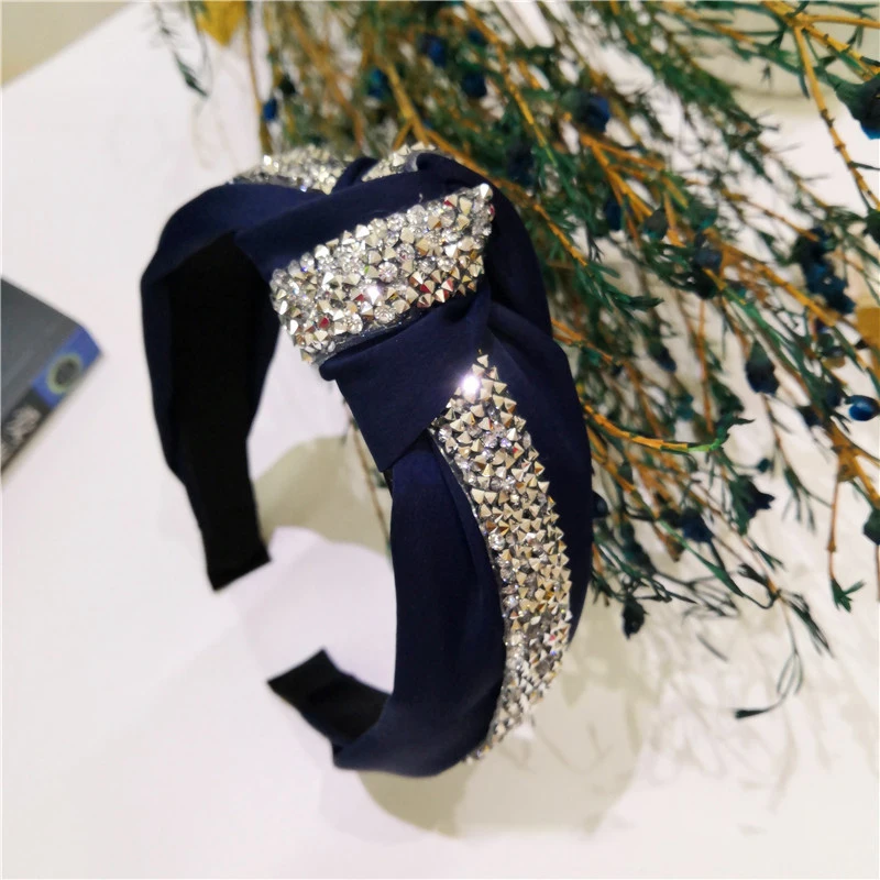 

New Fashion Rhinestone Hairband Ladies Autumn Winter Hair Accessories Headwear Women Solid Wide Side Headband Middle Knot Turban