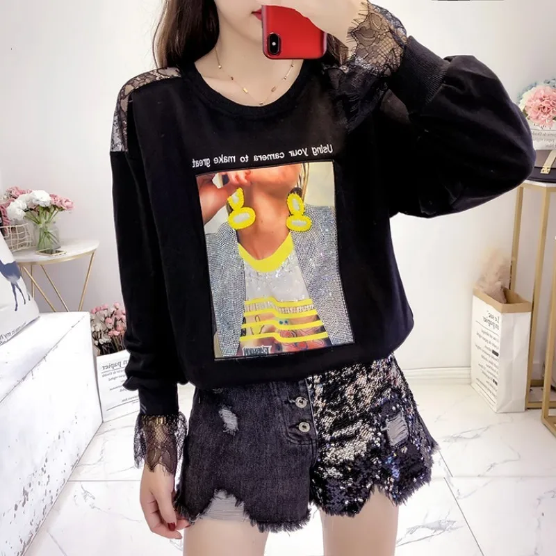 Новинка 2020 кружевная Толстовка с длинным рукавом Женская Осенняя мода свободный