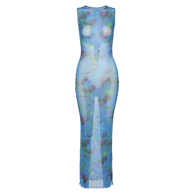 

Europe and the United States 2021 Summer Women's New Long Skirt Round Neck Sexy Gauze Perspective Auricular Trim Dress