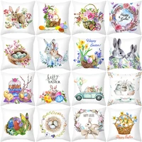 spring home decor cushion cover happy easter eggs rabbit decorative pillow covers flowers bunny printed throw pillowcase 45x45cm