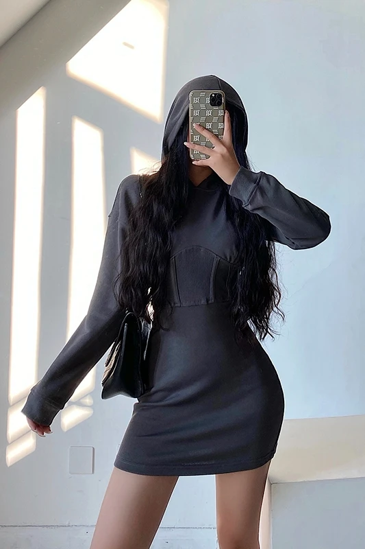 

TVVOVVIN Winter High Waist Sexy 2020 New Hooded Waist-tight Long-sleeved Slim-fit Hip-covered Mini Dress Dresses XVN3