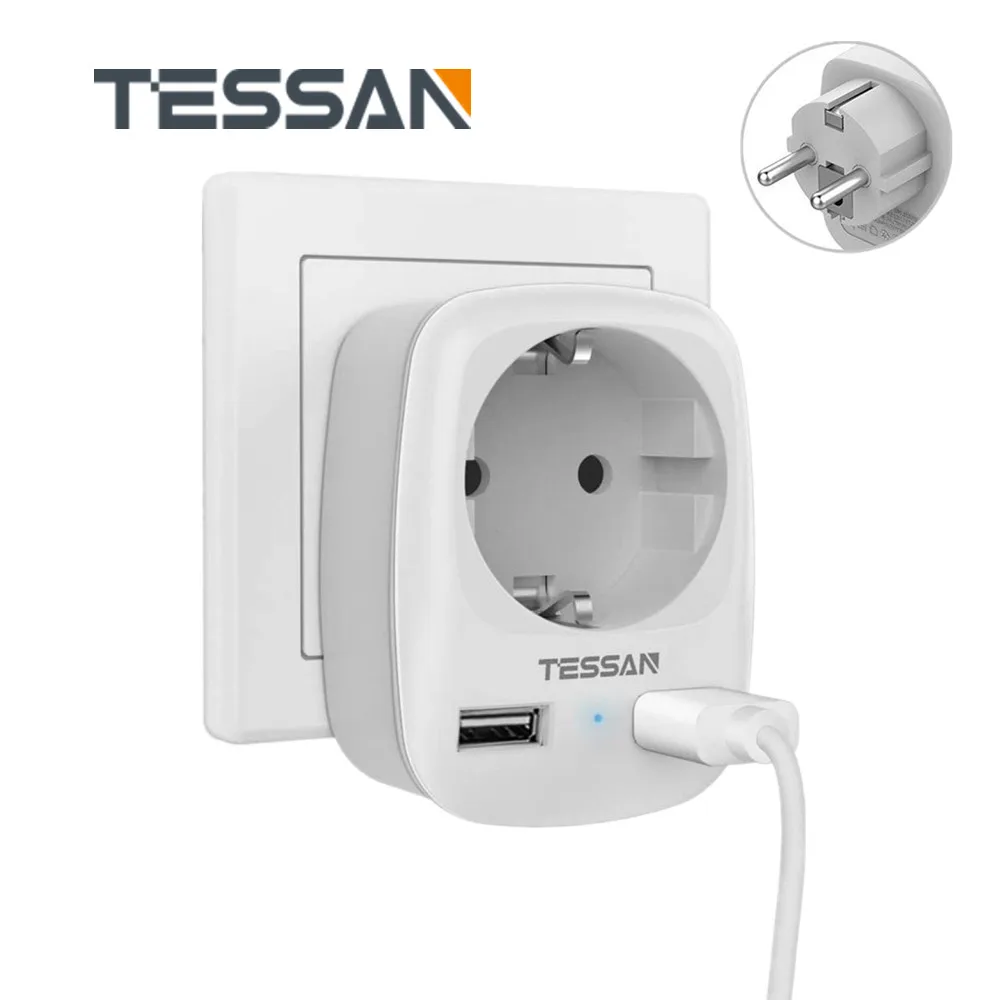 

TESSAN Electrical Socket EU Plug Extension Power Strip with 1 AC Outlet 2 USB Ports 4000W Wall Charger Adapter for Home Travel