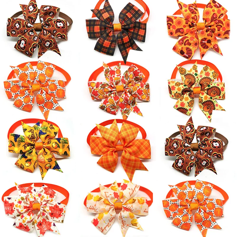 

30/50pcs Thanksgiving Day Pet Bow Ties Maple Leaf Turkey Pet Cat Dog Collar Bowties Neckties Pet Fall Ties Grooming Products