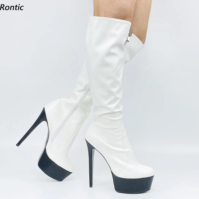

Rontic New Arrival Women Winter Platform Knee Boots Italian Style Sexy Stiletto Heel Round Toe White Party Shoes Us Size 5-20