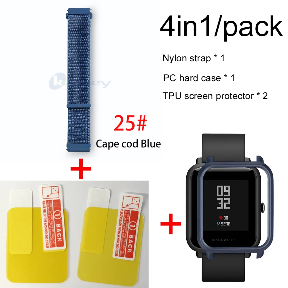 25-Navy blue case 4в1 для Xiaomi Huami Amazfit ремешок bip браслет нейлоновая петля Smartwatch Браслет amazfit bip чехол с защитой экрана - Цвет: 25-Navy blue case