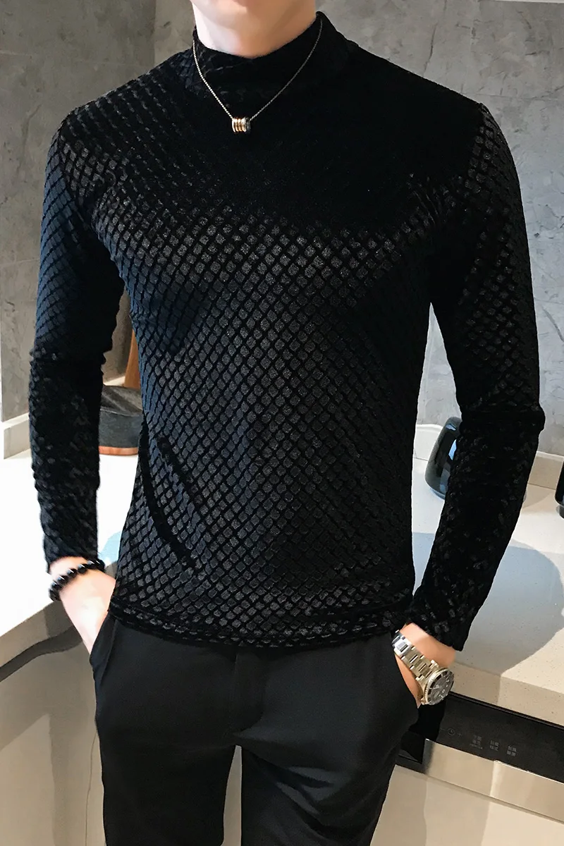 Fashion men plaid sweater long sleeve pullover winter thick warm turtleneck black casual pullover male slim fit knitted sweater
