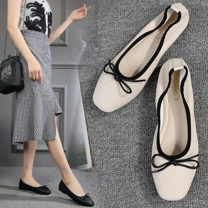 Туфли женские кожаные с бантом мягкие лоферы без застежки балетки повседневная