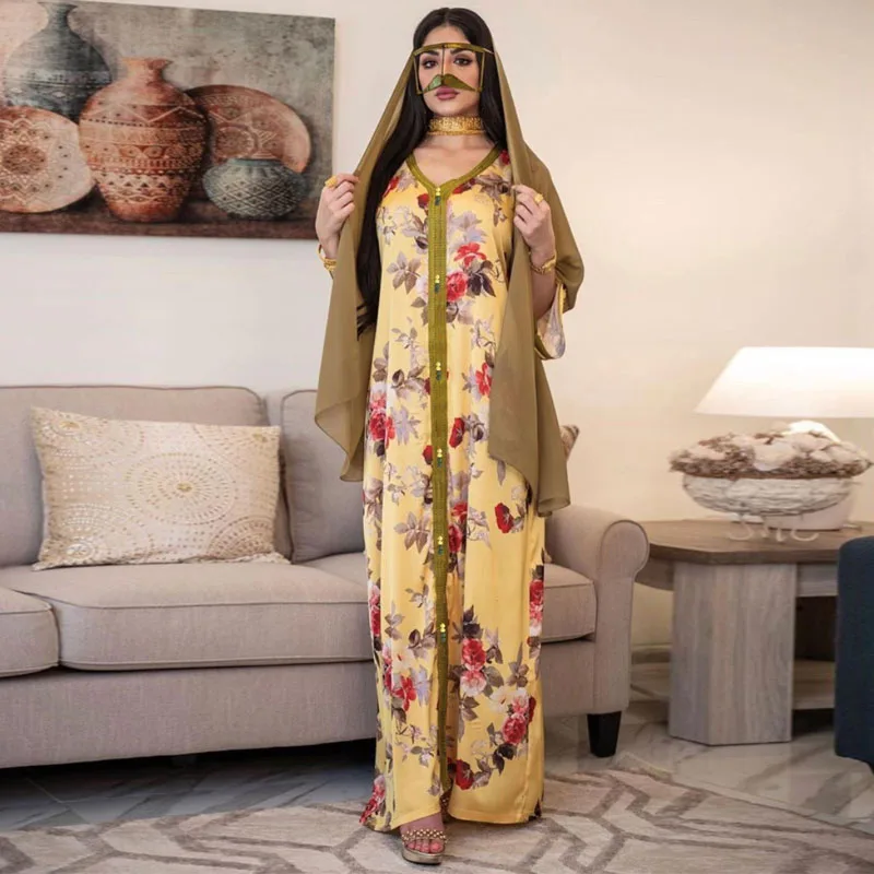 

Donsignet Muslim Dress Muslim Fashion Print Lace Robe Dibai Abaya Turkey Dress Middle East Eid Arab Islam Jalabiya Ramadan Robes