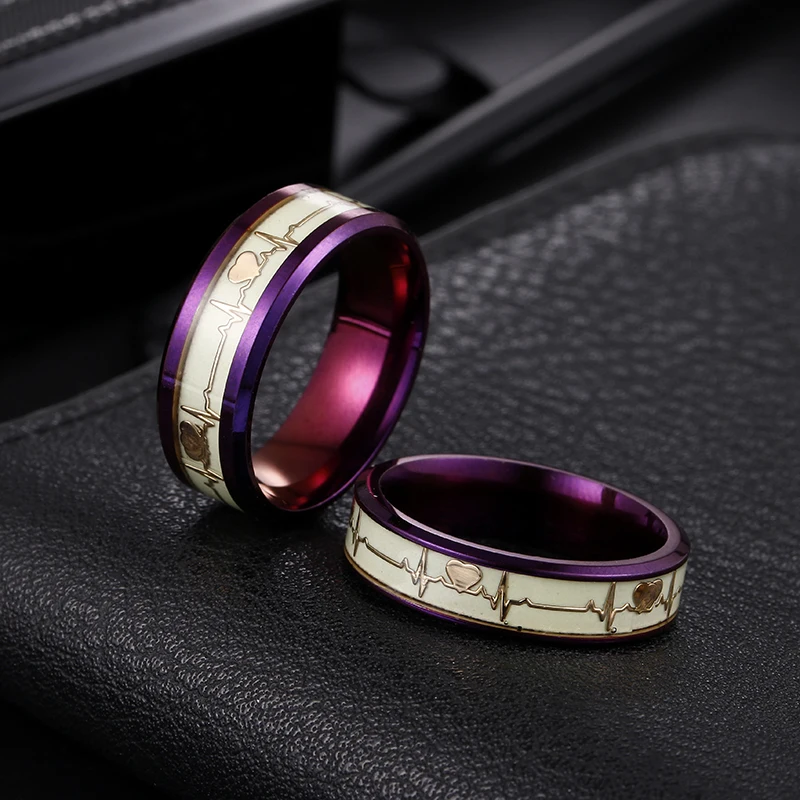 Luminous Couple Ring 8mm / 6mm Glowing Heartbeat ECG Ring Purple Wedding Ring Shining Love Ring in the Dark