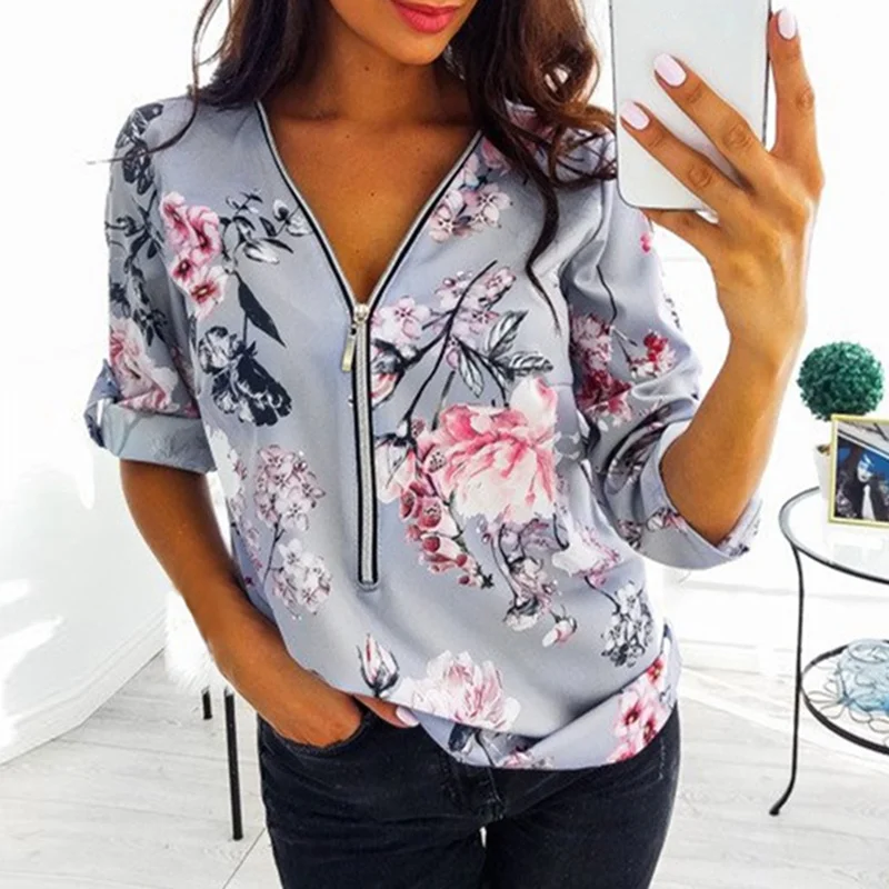 Осенние женские рубашки на молнии с длинным рукавом сексуальные топы v-образным